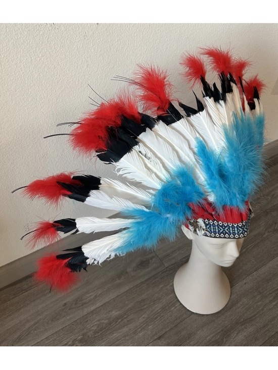 Vintage Handmade Feather Headdress Costume Festival Dance Headpiece Red Blue OS main image 7